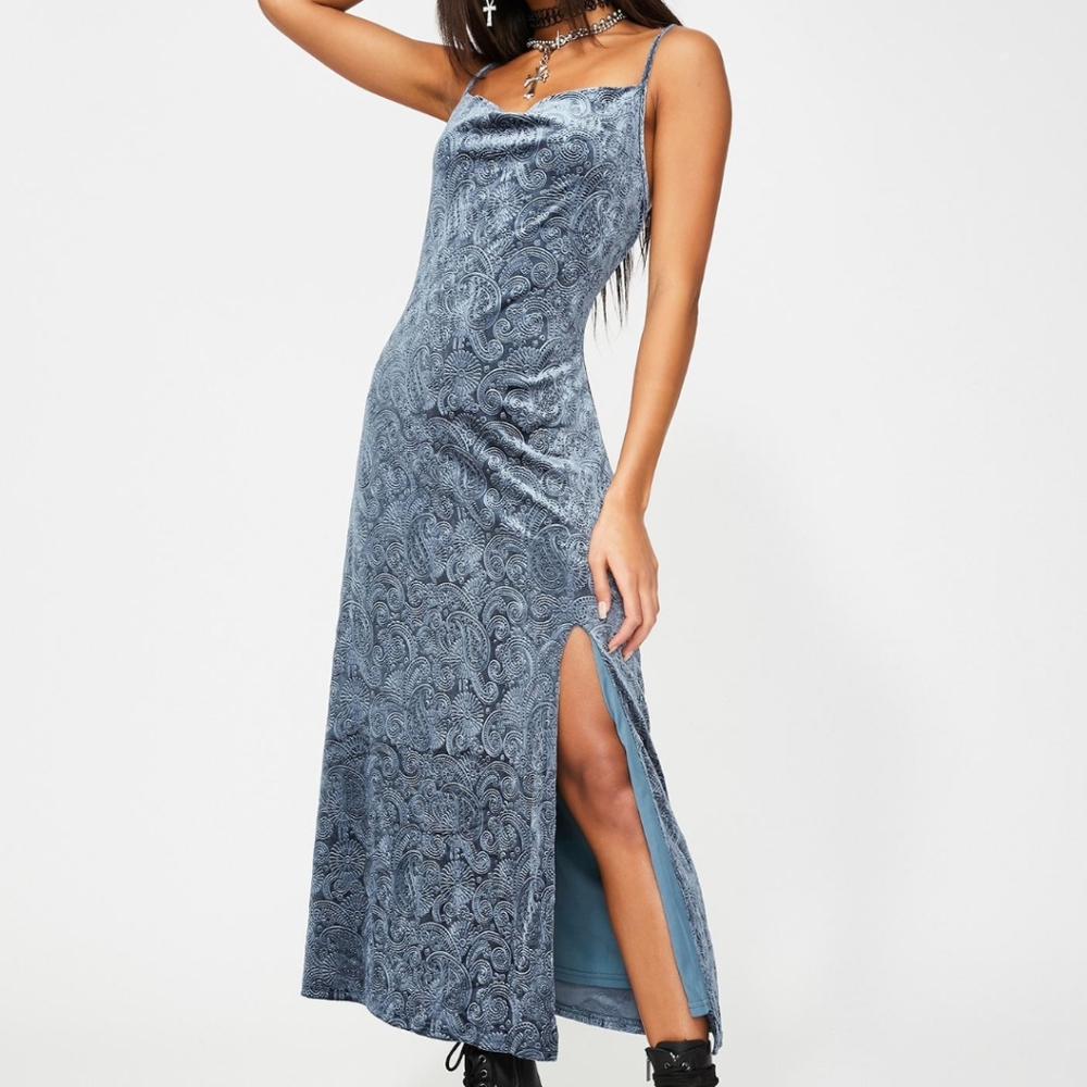 Blue Embossed velvet maxi dress